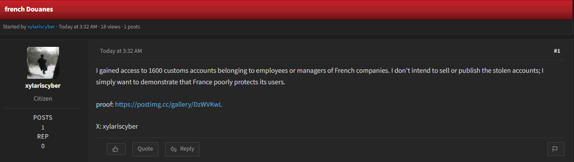 Alleged sale of unauthorized access to french customs accounts