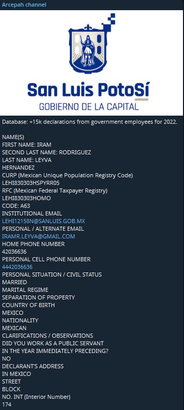 Alleged data breach of San Luis Potosí Municipal Government