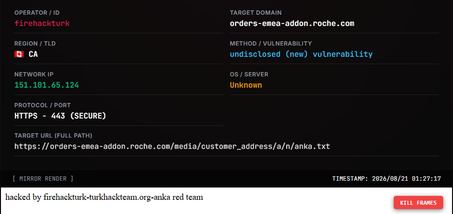 firehackturk targets the website of F. Hoffmann-La Roche AG