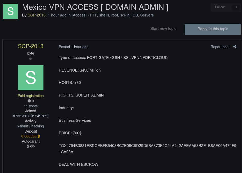 Alleged sale of unauthorized access to an unidentified business services organization in Mexico