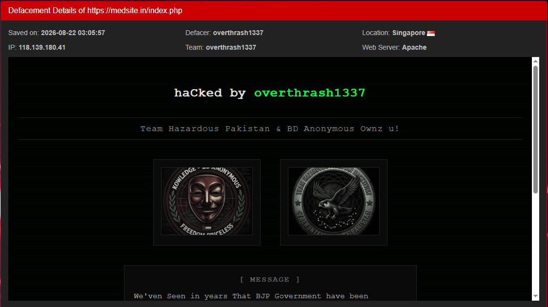 overthrash1337 targets the website of Medsite