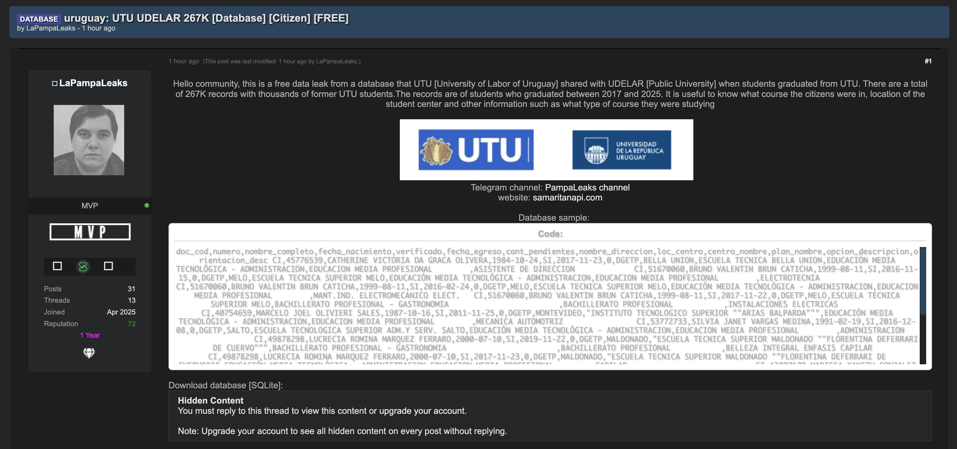 Alleged Data Breach of Universidad Tecnológica del Uruguay (UTU) and Universidad de la República (UDELAR)