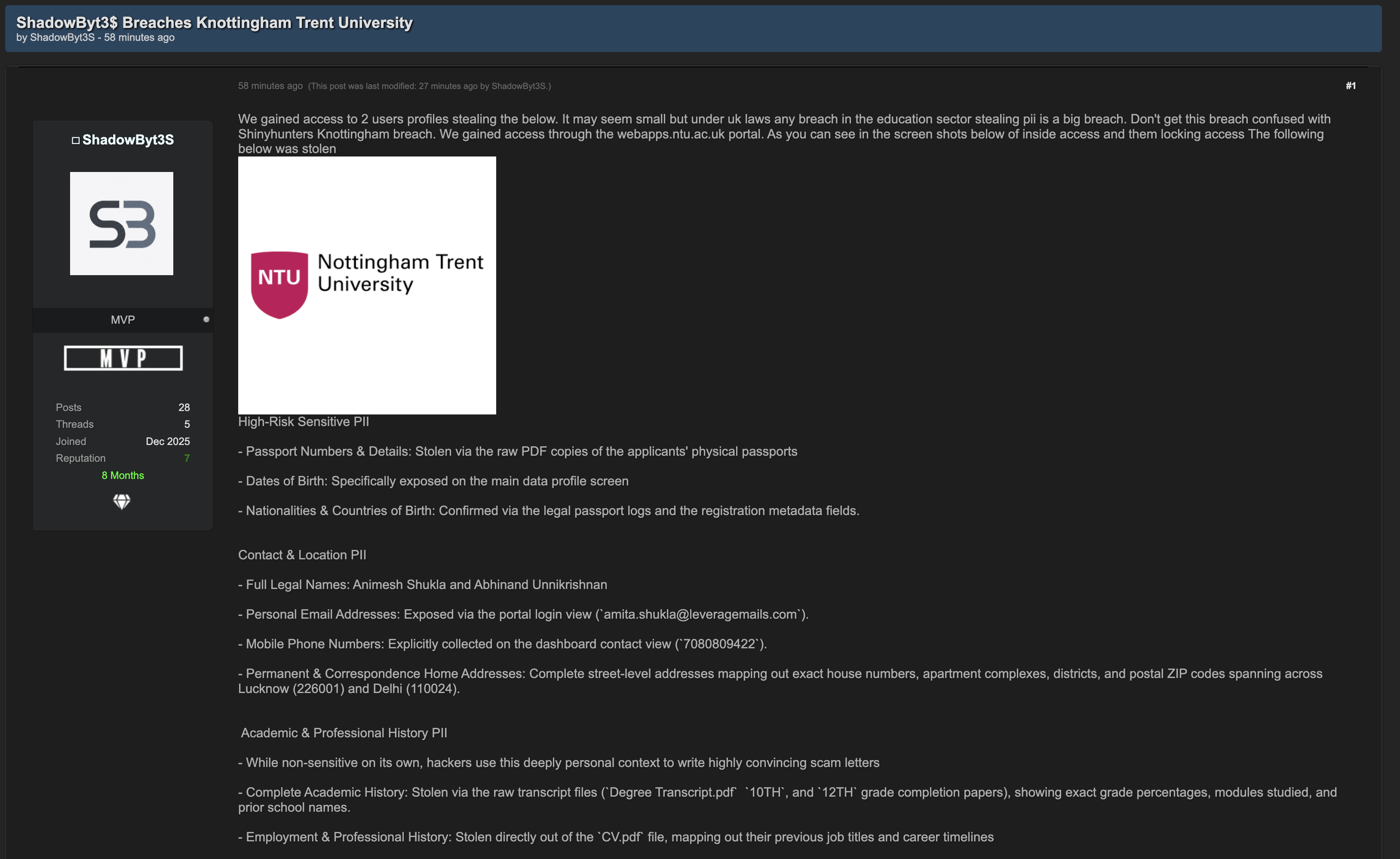 Alleged Data Breach of Nottingham Trent University