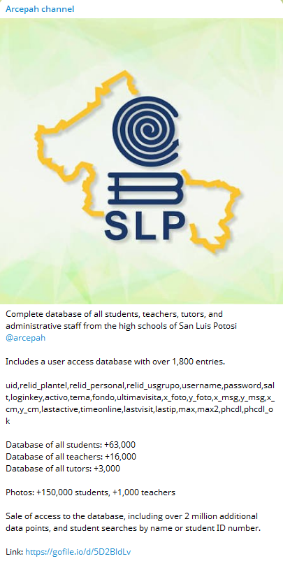 Alleged data breach of Colegio de Bachilleres del Estado de San Luis Potosí