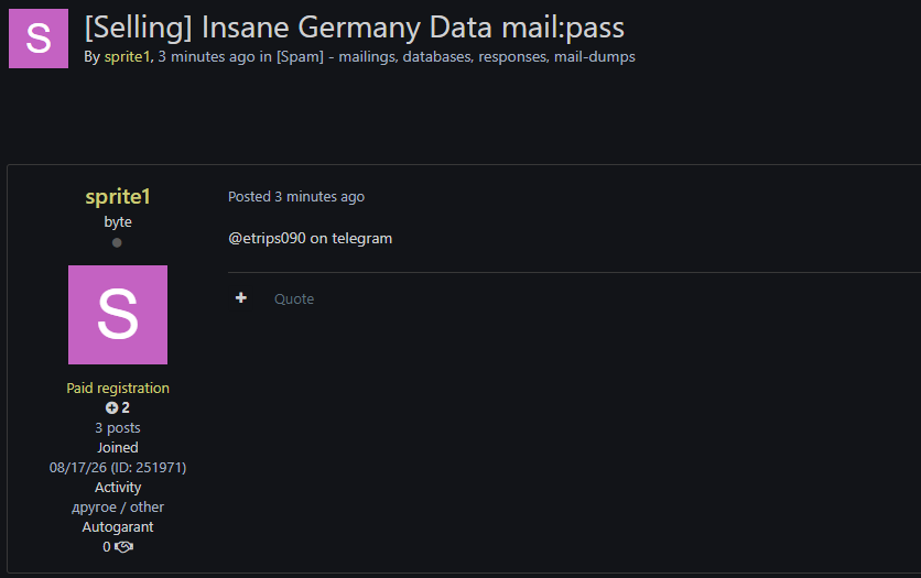Alleged Sale of Email Credentials from Germany