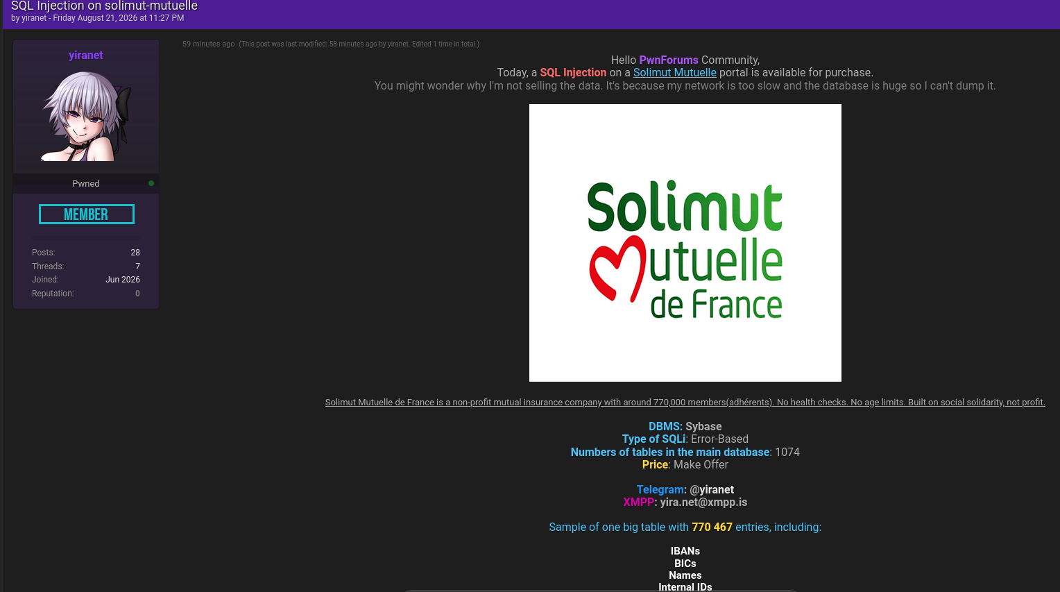 Alleged sale of SQL injection vulnerability in Solimut Mutuelle de France’s portal