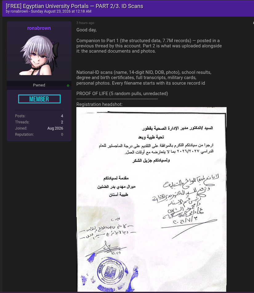 Alleged data leak of Egyptian university identity documents