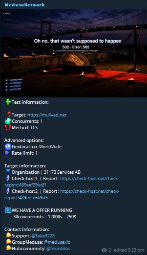 Medusa Network targets the website of Mullvad VPN AB