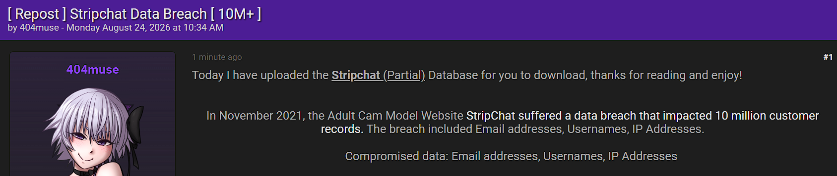 Alleged Sale of Stripchat Database