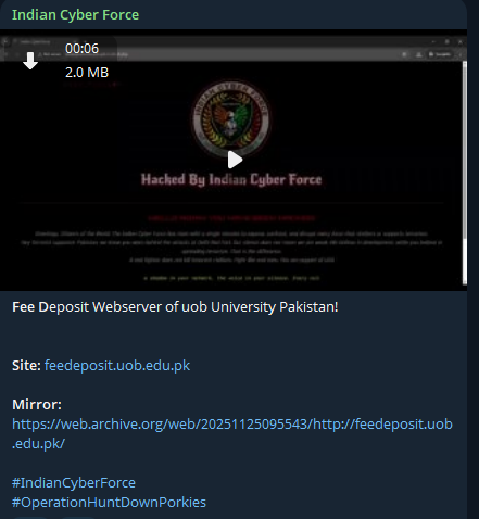 INDIAN CYBER FORCE瞄准俾路支大学网站