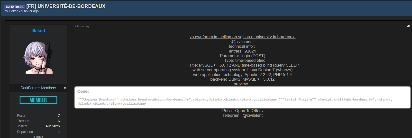 Alleged Sale of SQL Injection Access to a University in Bordeaux