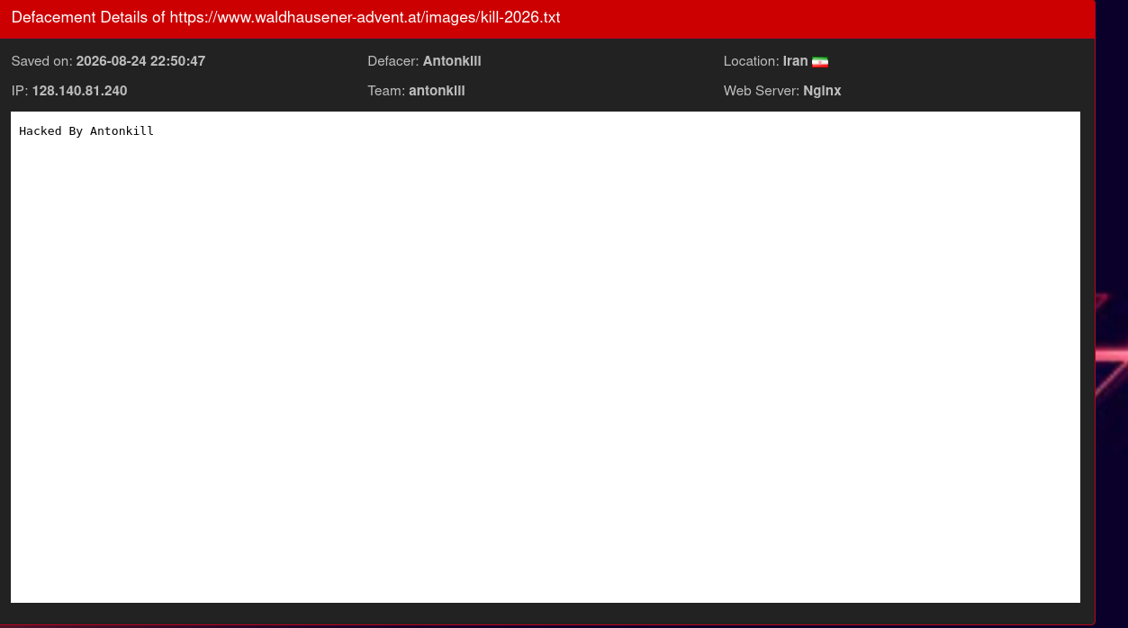 Antonkill targets the website of Waldhausen Advent