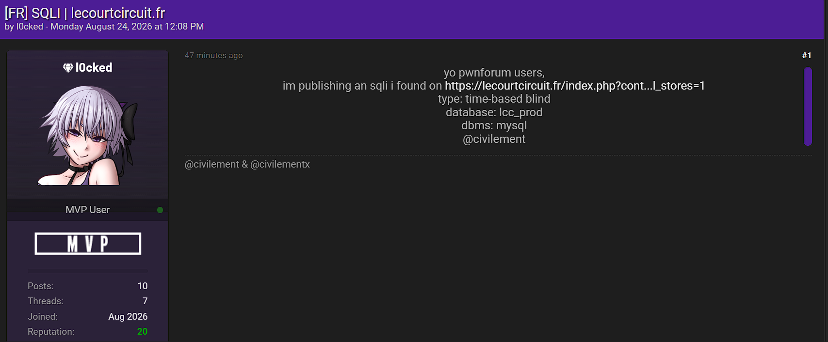 Alleged Le Court-Circuit Time-Based Blind SQL Injection Vulnerability