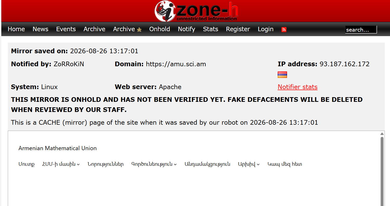 ZoRRoKiN targets the website of Armenian Mathematical Union