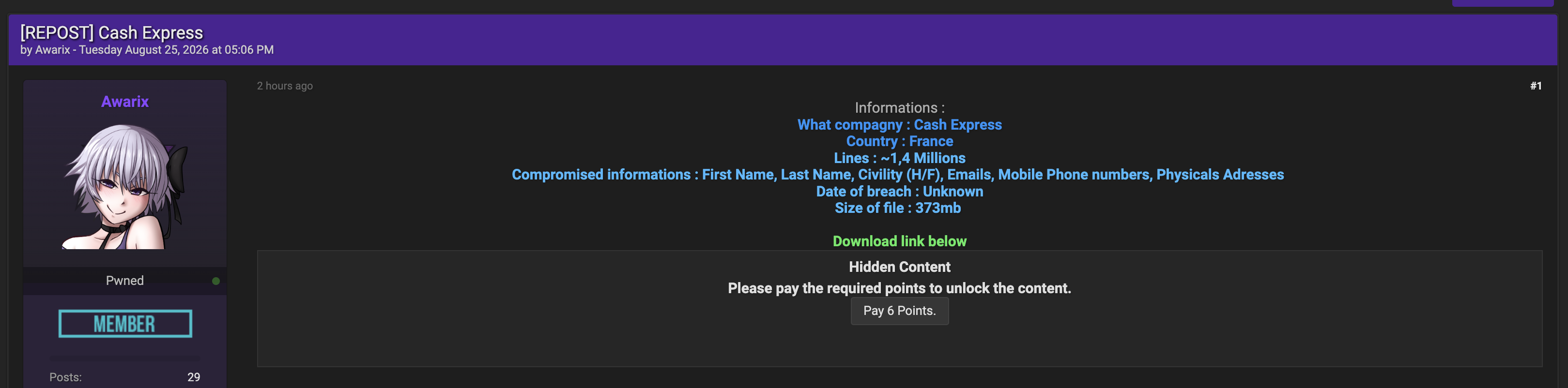 Alleged data breach of Cash Express