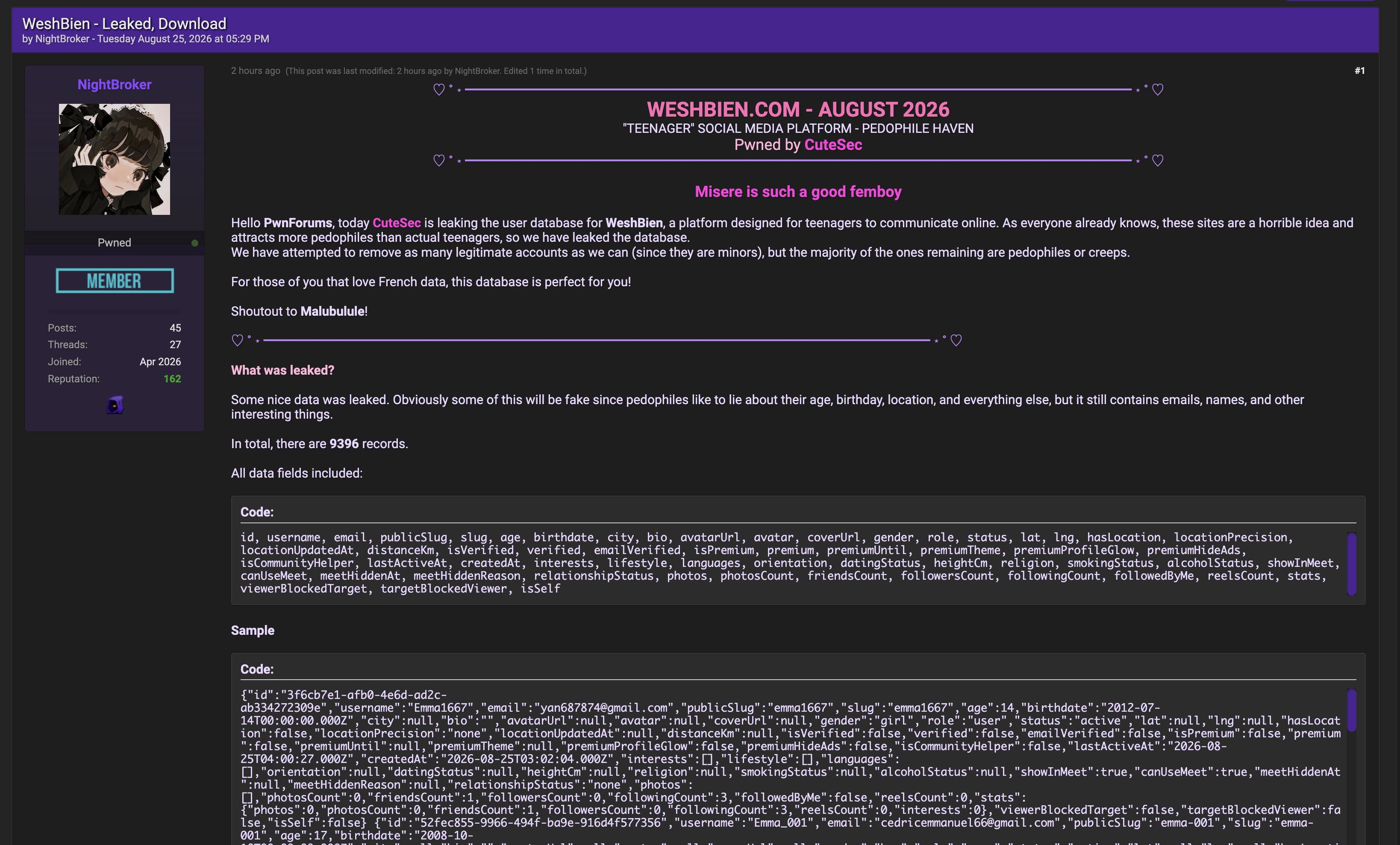 Alleged data breach of WeshBien