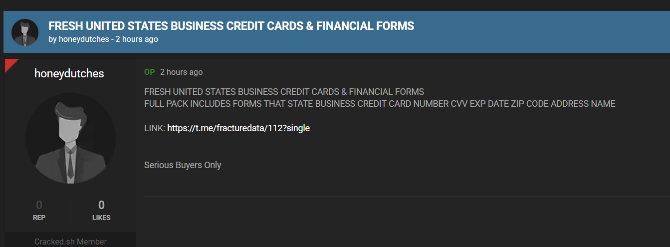 Alleged Sale of US Business Credit Card