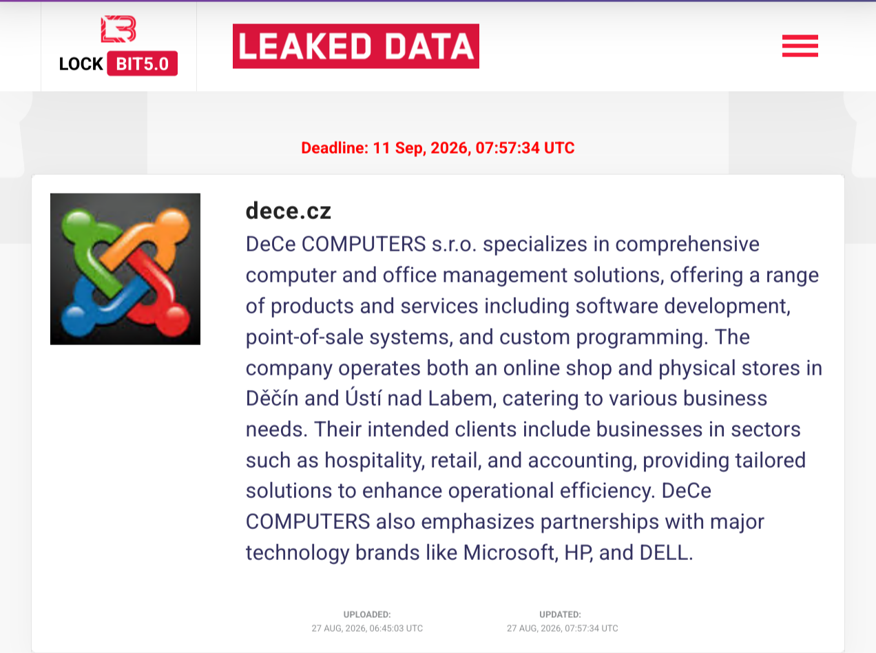 DeCe COMPUTERS s.r.o. Falls Victim to LockBit 5.0 Ransomware