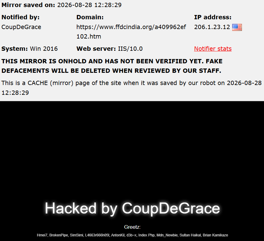 CoupDeGrace targets the website of Fragrance & Flavour Development Centre (FFDC)