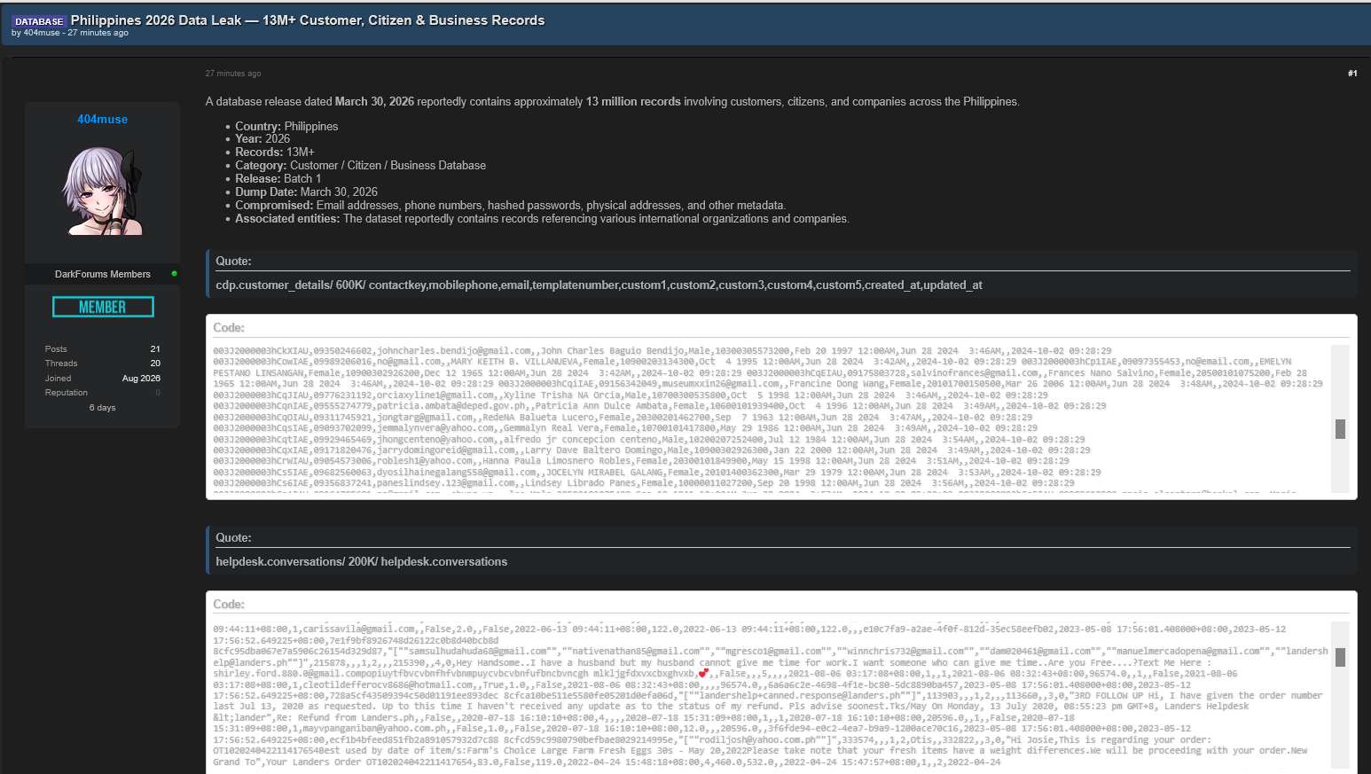 Alleged Sale of Philippines Database