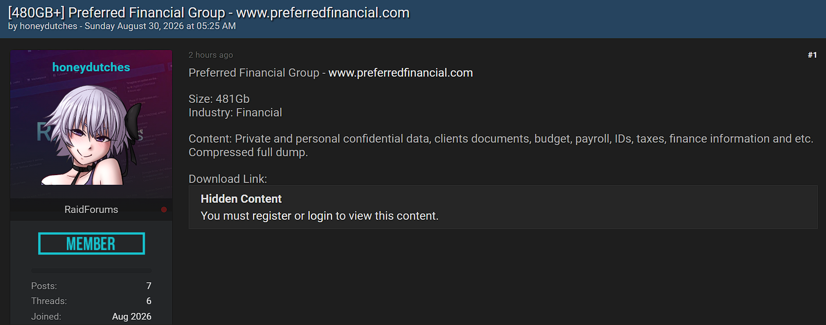 Alleged Data Leak of Preferred Financial Group Inc.