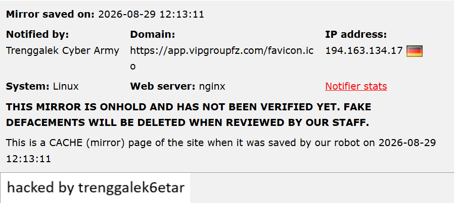Trenggalek Cyber Army targets the website of VIP GROUP FZCO