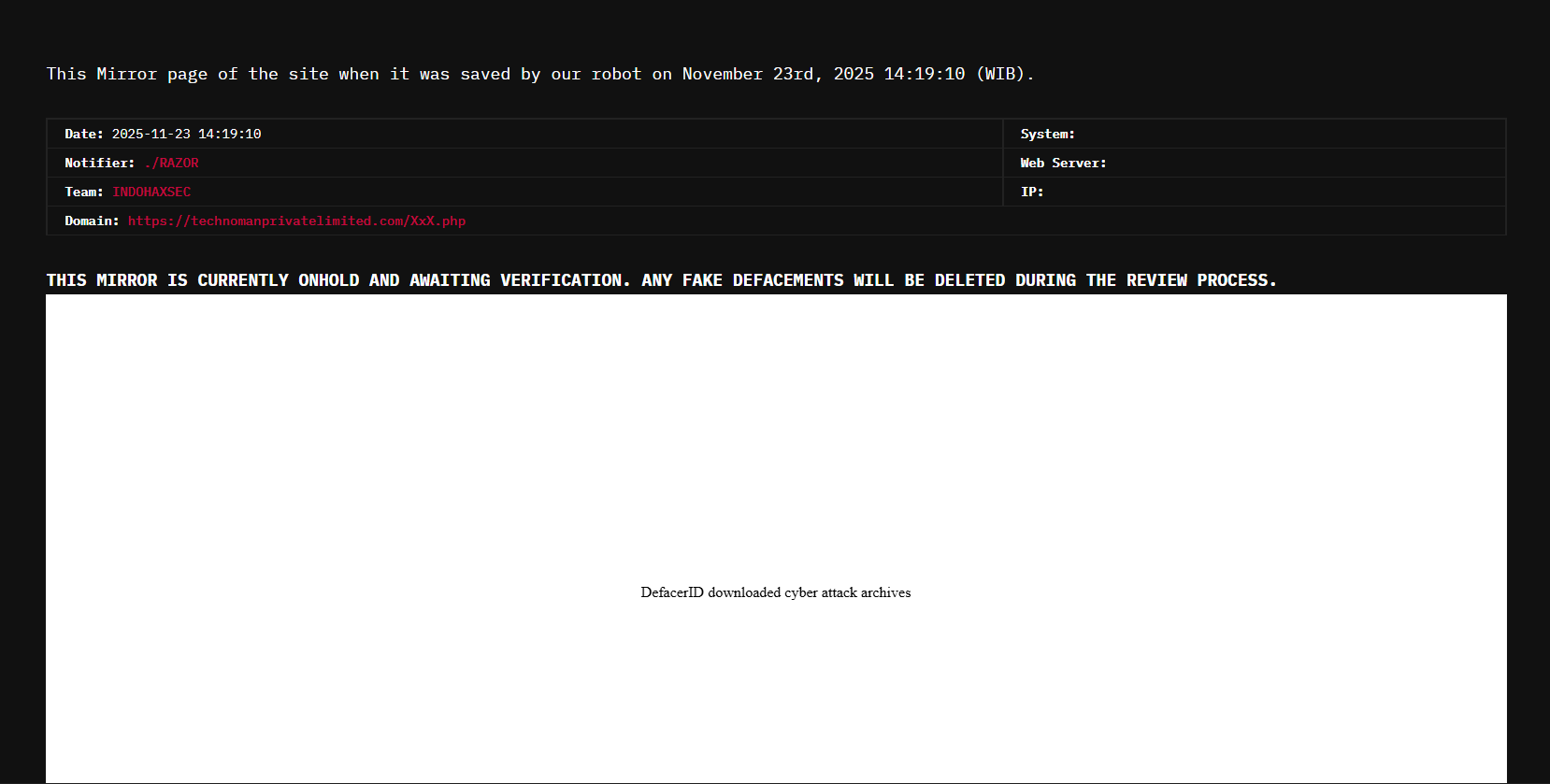 INDOHAXSEC瞄准Technoman Private Limited网站