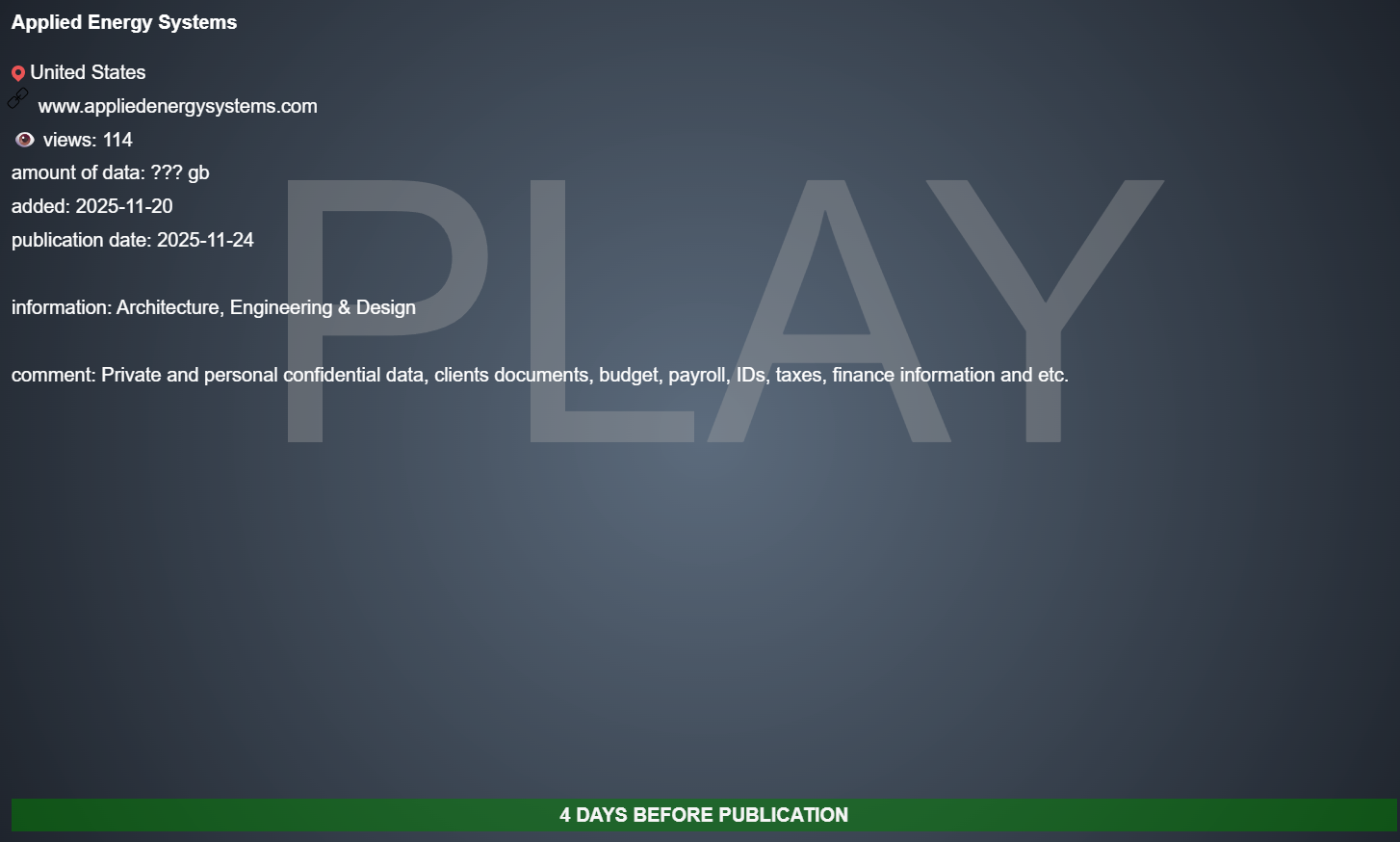 Inc.应用能源系统公司成为PLAY勒索软件的受害者