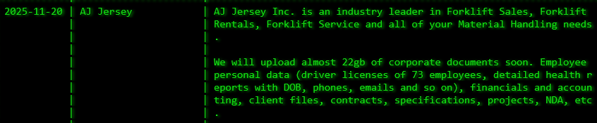 AJ Jersey Inc成为Akira勒索软件的受害者