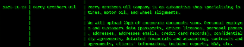 Perry Brothers Oil Co,Inc成为Akira勒索软件的受害者