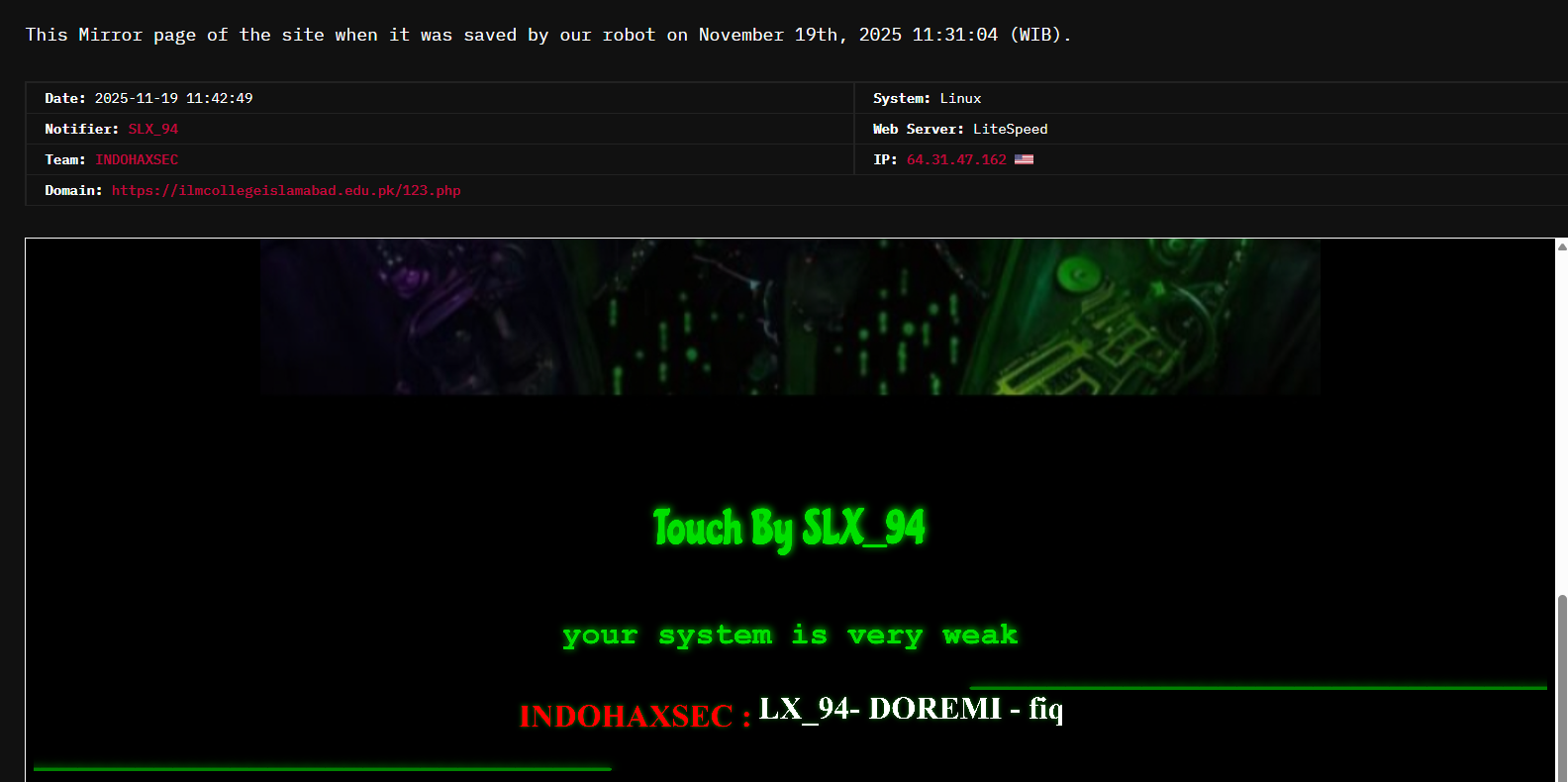 INDOHAXSEC针对伊斯兰堡ILM学院网站