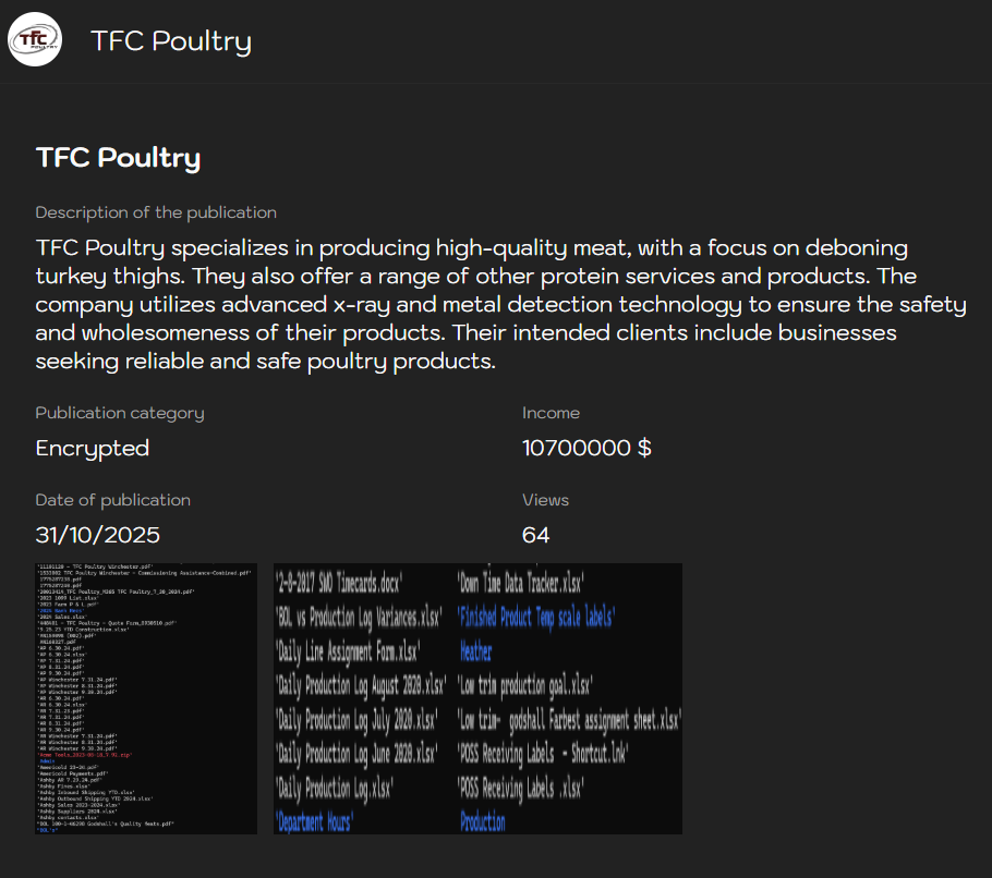 TFC Poultry LLC成为Sinobi勒索软件的受害者