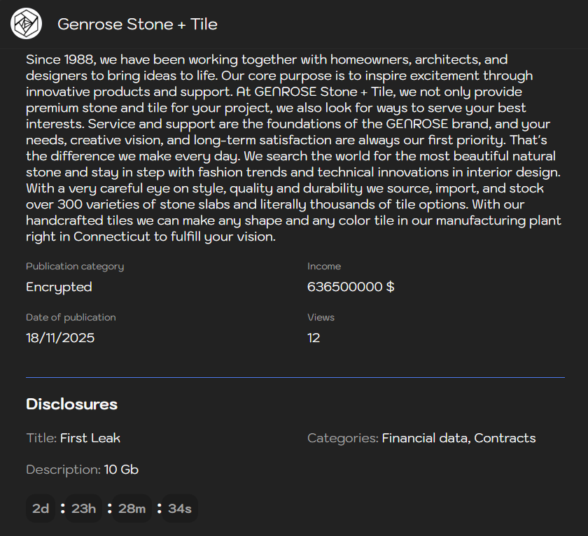 GENROSE Stone+Tile成为Sinobi勒索软件的受害者