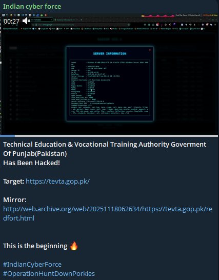 INDIAN CYBER FORCE针对旁遮普省技术教育和职业培训局(TEVTA)网站