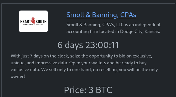 SMOLL&BANNING，CPA’s，LLC成为RHYSIDA勒索软件的受害者