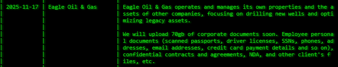 Eagle Oil&Gas,LLC成为Akira勒索软件的受害者