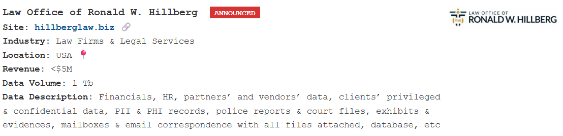 罗纳德·W·希尔伯格律师事务所成为PEAR勒索软件的受害者