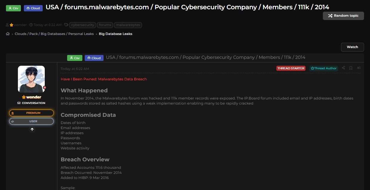 Malwarebytes论坛User记录涉嫌数据泄露