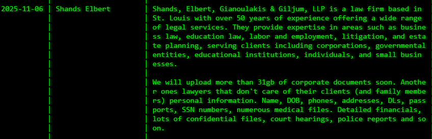 Shands Elbert Gianoulakis&Giljum LLP成为akira勒索软件的受害者