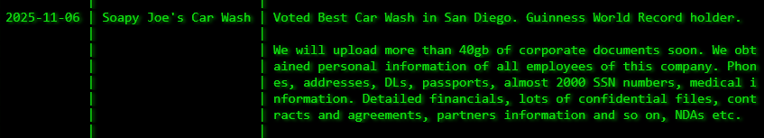 Soapy Joe’s Car Wash成为akira勒索软件的受害者