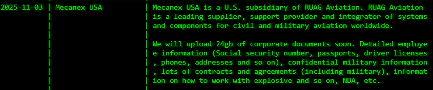 Mecanex美国，Inc.成为akira勒索软件的受害者