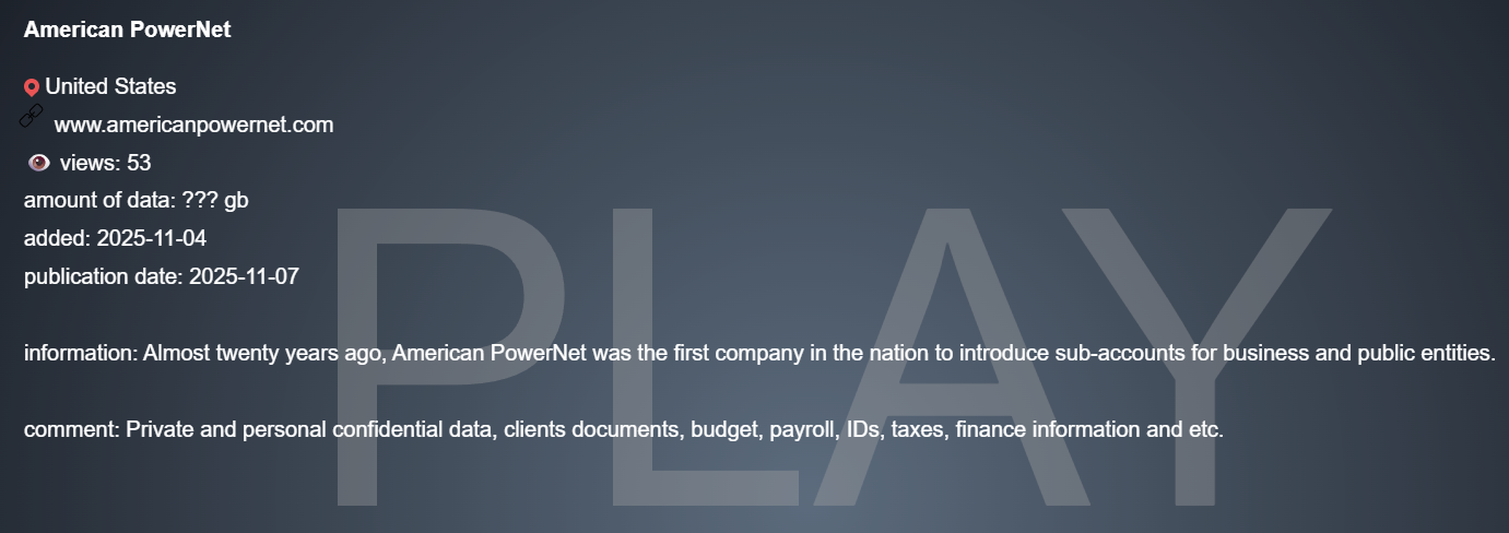 American PowerNet成为PLAY勒索软件的受害者