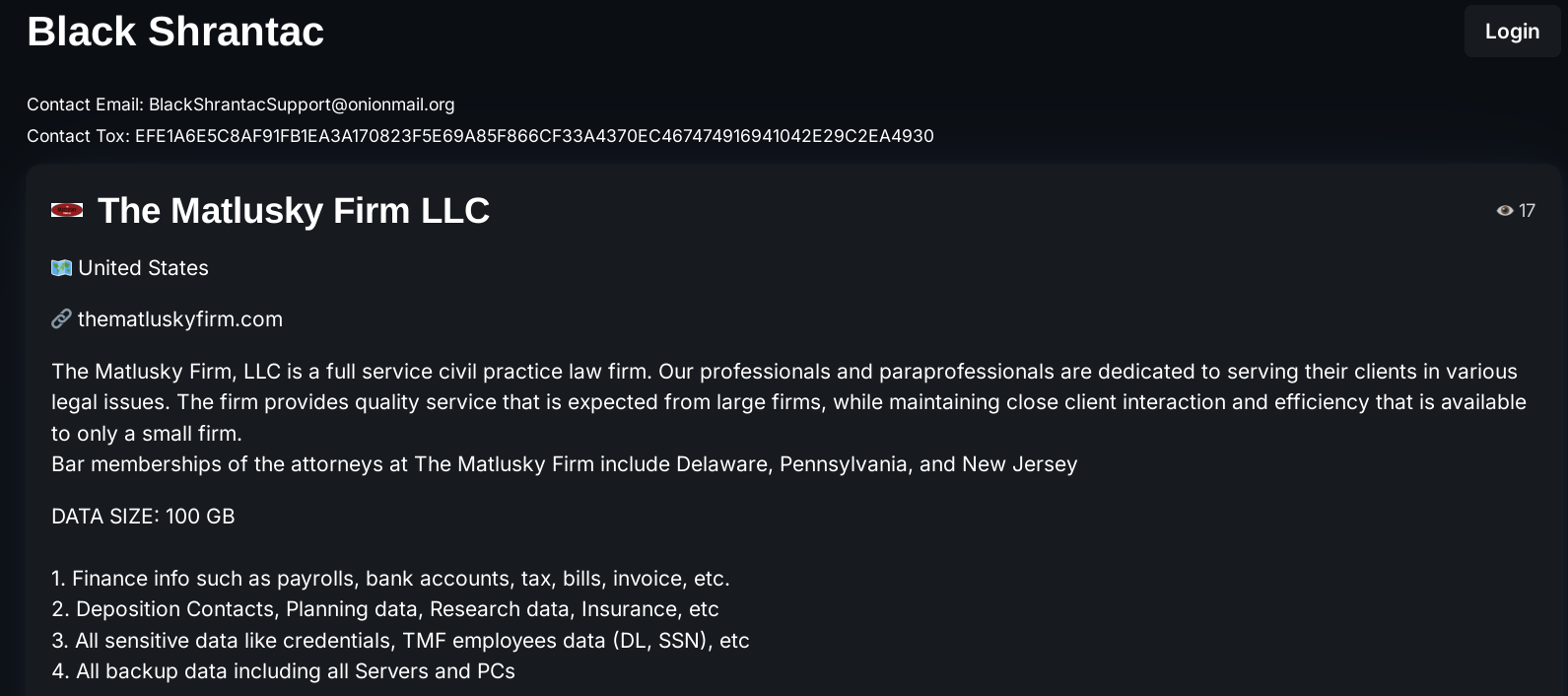 Matlusky Firm LLC成为BlackShrantac的受害者