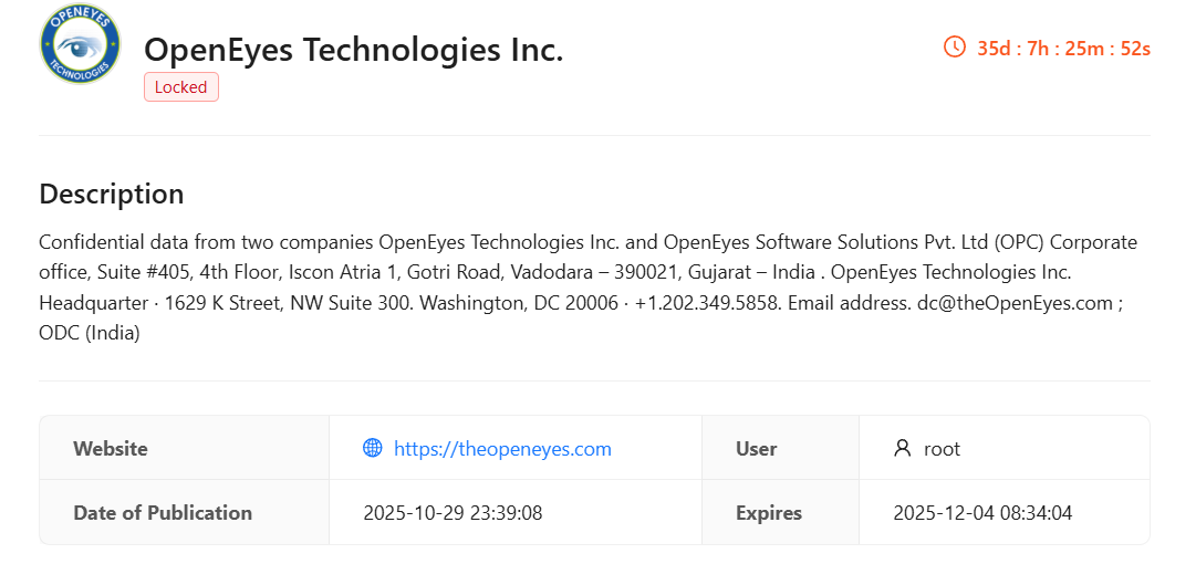 OpenEyes Technologies Inc.成为RADAR集团勒索软件的受害者