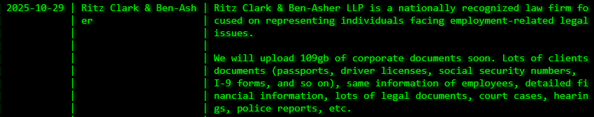 Ritz Clark&Ben-Asher LLP成为akira勒索软件的受害者