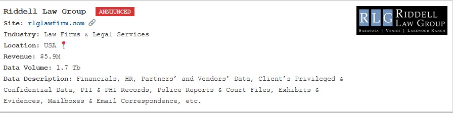 Riddell Law Group成为PEAR勒索软件的受害者