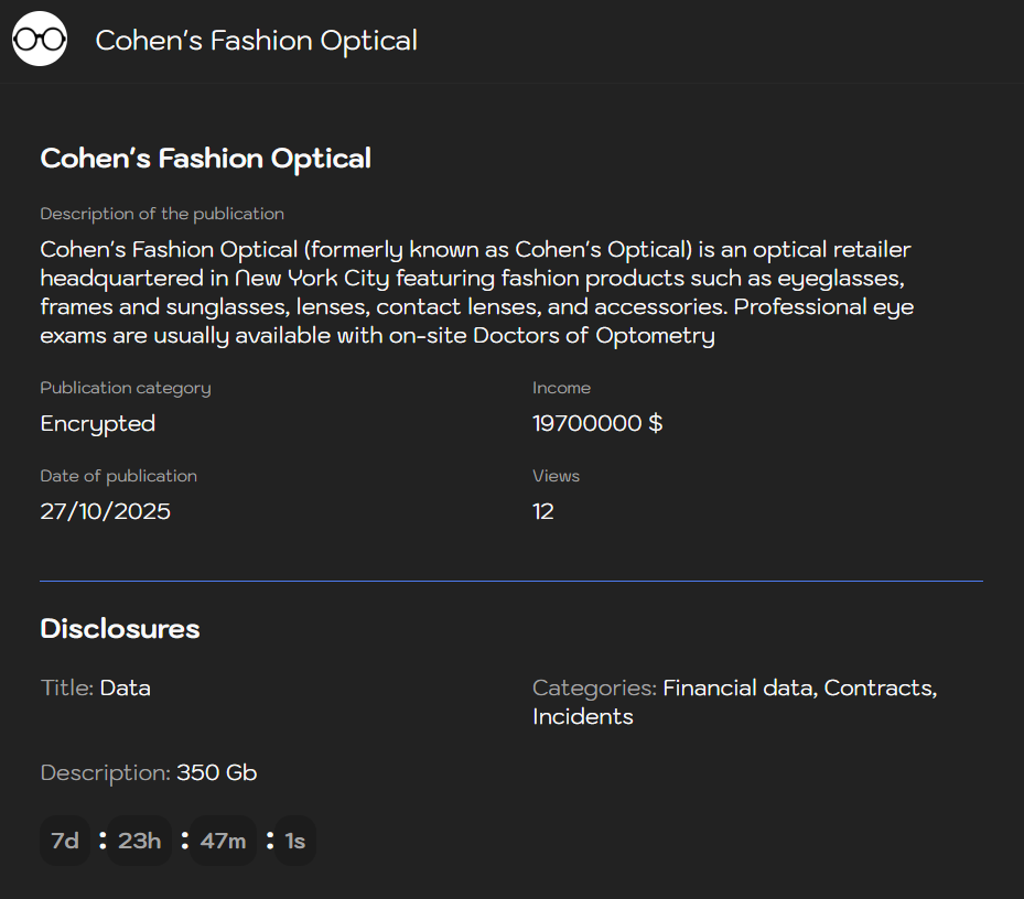 Cohen’s Fashion Optical成为Sinobi勒索软件的受害者