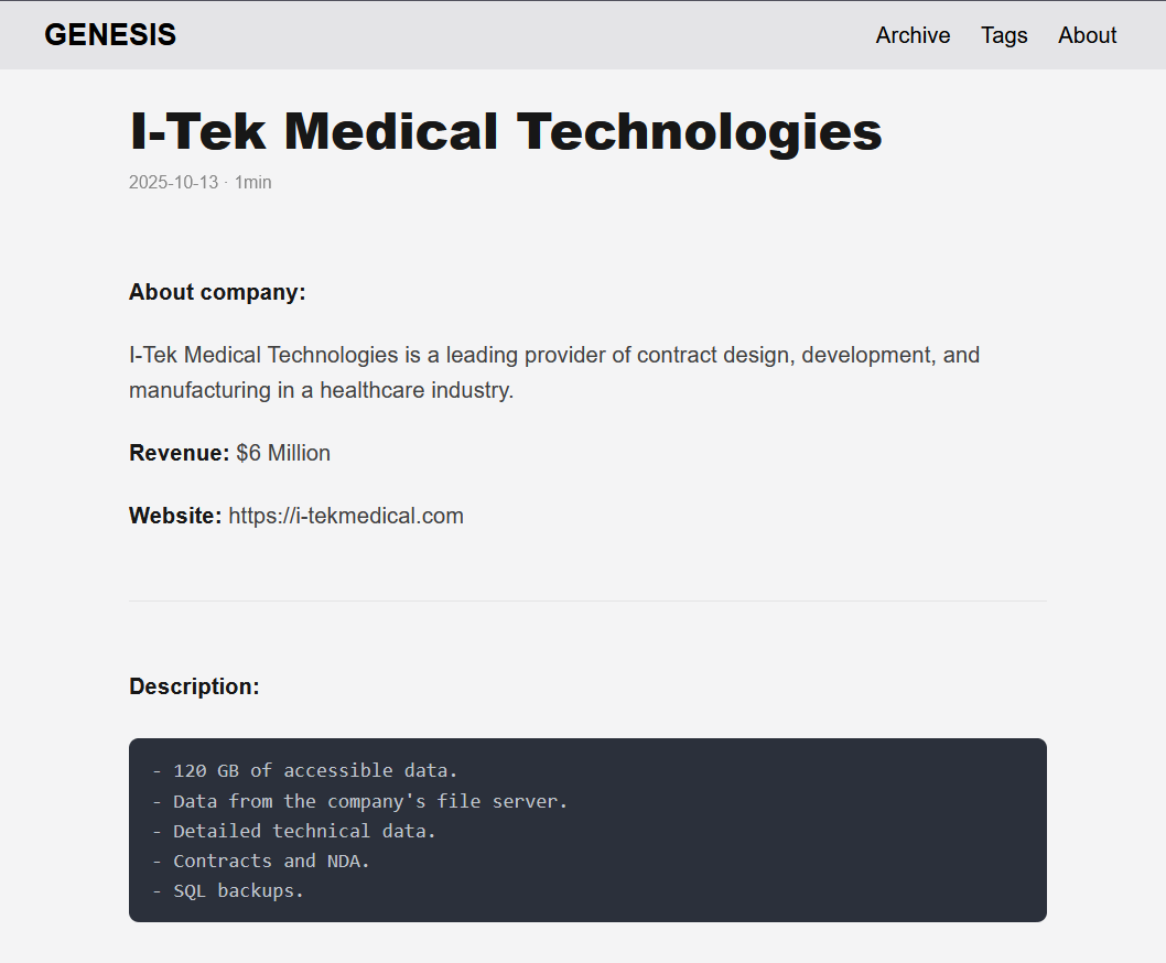 I-Tek Medical成为GENESIS勒索软件的受害者