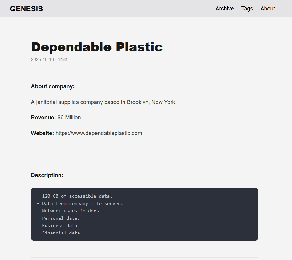 Dependable Plastics&Supplies成为GENESIS勒索软件的受害者