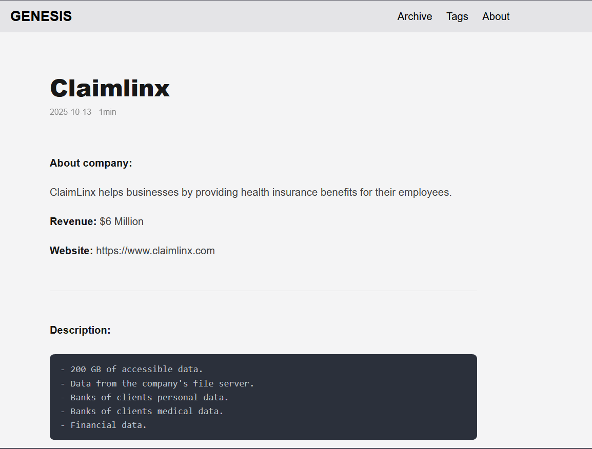 ClaimLinx成为GENESIS勒索软件的受害者